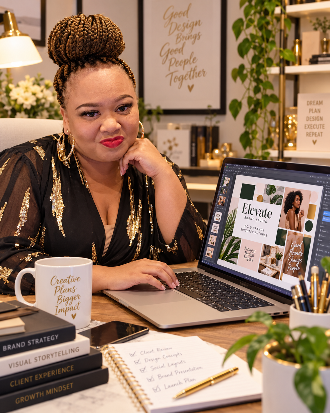 Designer reviewing a brand presentation at her desk