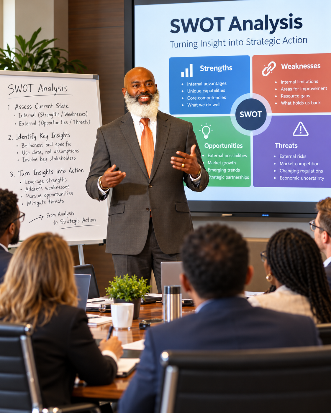 Consultant presenting a SWOT analysis to a team in a boardroom